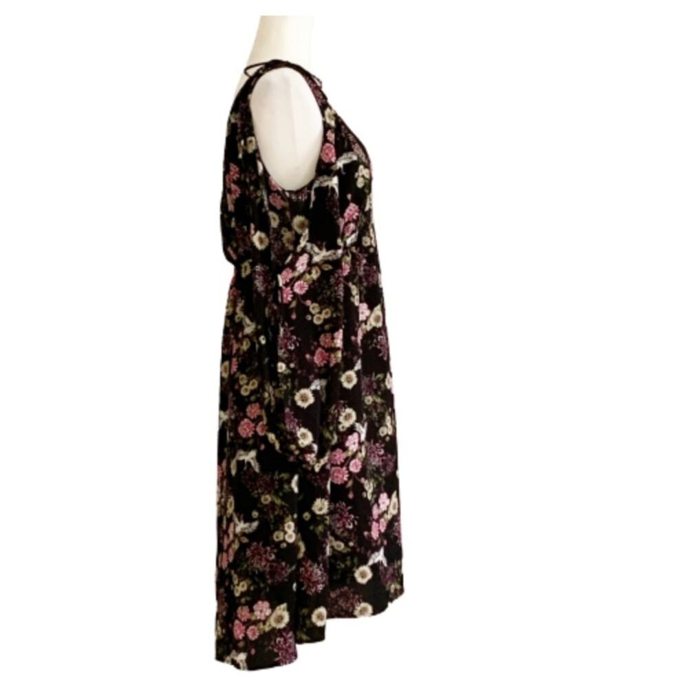 Kensie Dress Black Pink Floral Crane Motif Long Sleeve Cold Shoulder Large - Picture 3 of 15